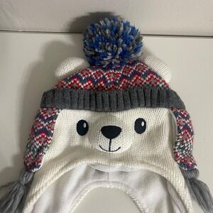 Children's Place Kids White polar bear earflap multi color knit pattern pom pom